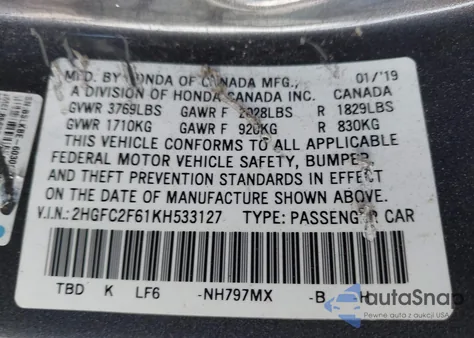 2019 Honda Civic Lx from USA, damaged, VIN 2HGFC2F61KH533127